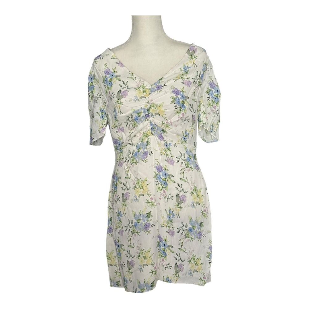 The Kooples Dress Womens Large/3 White Floral Romantic Mood Ruched V Neck‎ Mini